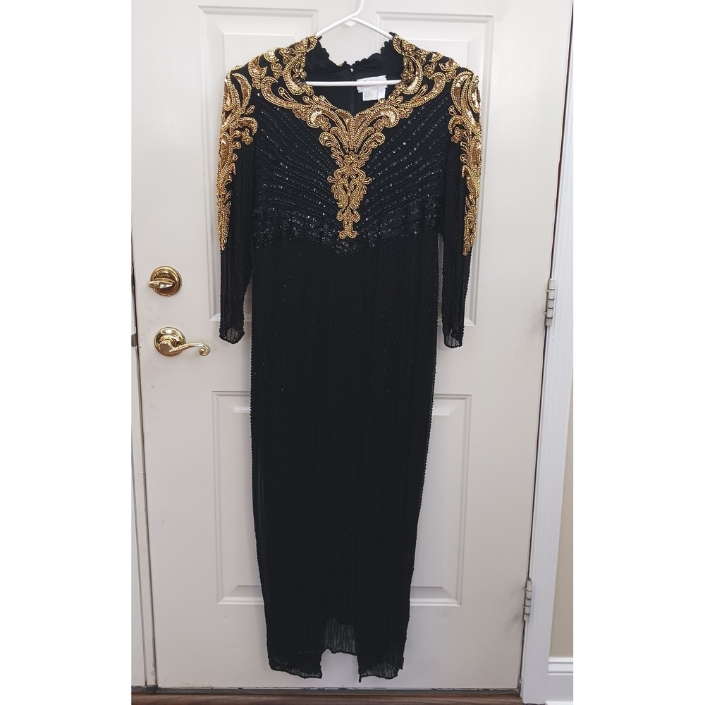 Vintage Randee Silk Beaded Sequin Maxi‎ Dress Black Gold Formal Evening Gown M